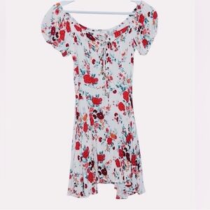 Forever 21 Floral Lace-Up Mini Dress Coquette Cream Red Green Sz S